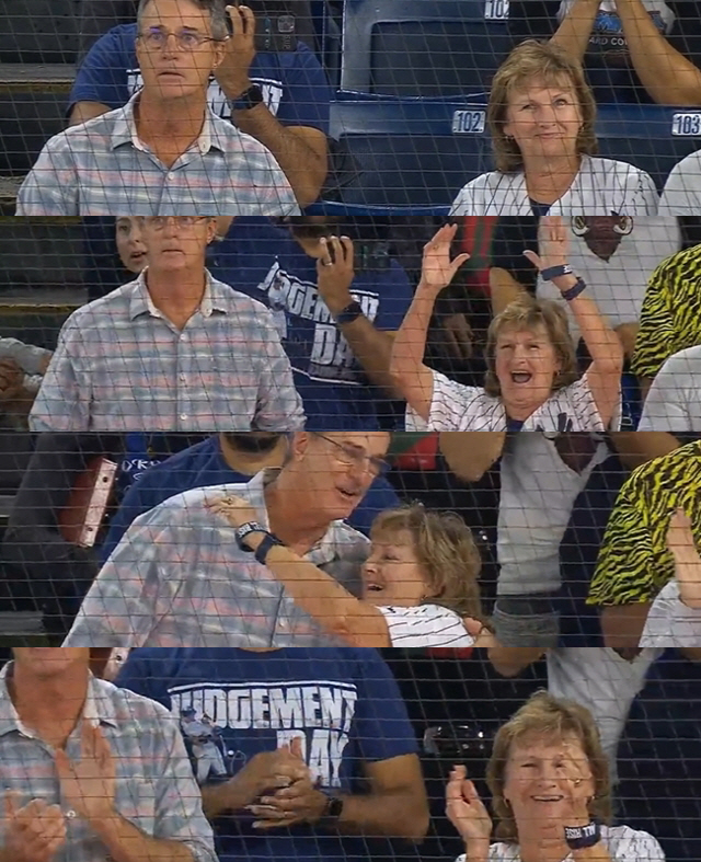 애런 저지의 61호 홈런이 터진 직후, 로저 매리스 주니어와 포옹하는 애런 저지의 어머니(오른쪽). 사진=뉴욕 양키스 트위터 캡쳐
