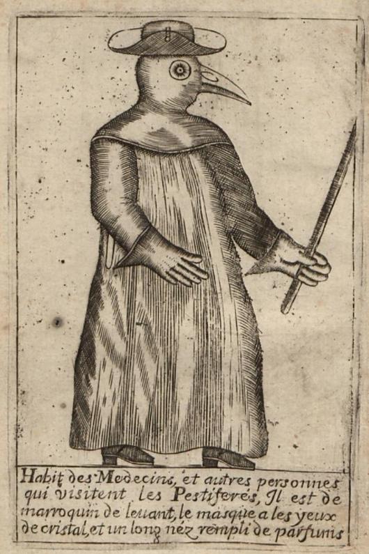 1720년 마르세유 페스트 유행 시기에 의사가 새 부리 마스크를 쓴 그림. 주립 할레주립도서관 소장본 출판사 제공