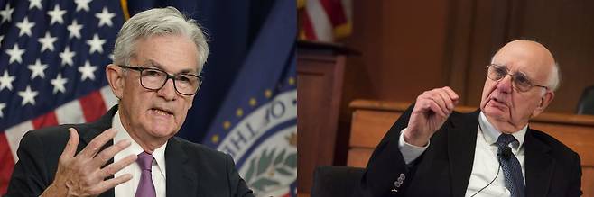 제롬 파월(왼쪽) 미국 연방준비제도(Fed·연준) 의장과 ‘인플레이션 파이터’로 불렸던 폴 볼커 전 연준 의장./AP연합·트위터