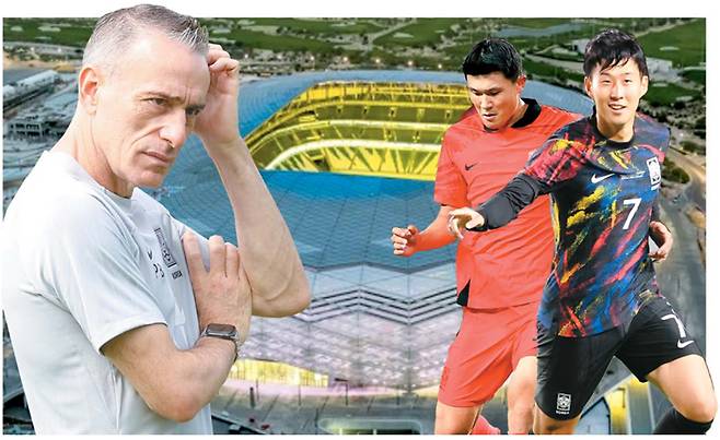 파울루 벤투 감독(왼쪽)이 이끄는 축구대표팀은 카타르 알라이얀의 에듀케이션시티 스타디움(배경)에서 김민재와 손흥민(오른쪽) 등의 활약에 기대를 건다.