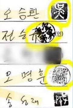 김 여사 논문과 동일 심사위원 4명이 겹치는 다른 논문 인준서. 필적이 모두 다르다.