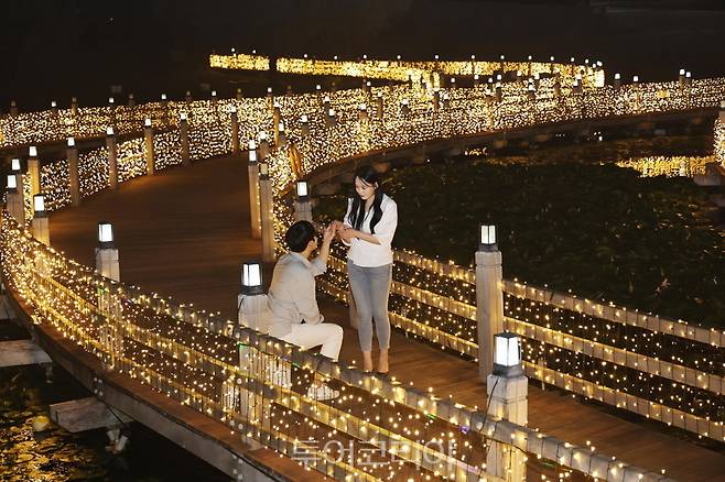 '아름답게 빛나는 일루미네이션 앞에서 연인이 함께 포즈를 하고 있다