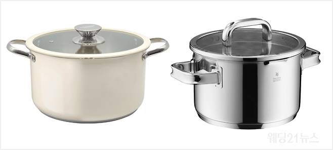 (좌)코렐브랜드 코닝웨어 라일리 스텐 냄비 24cm (우)WMF 펑션 4 어드밴스드 높은 양수 냄비 20cm