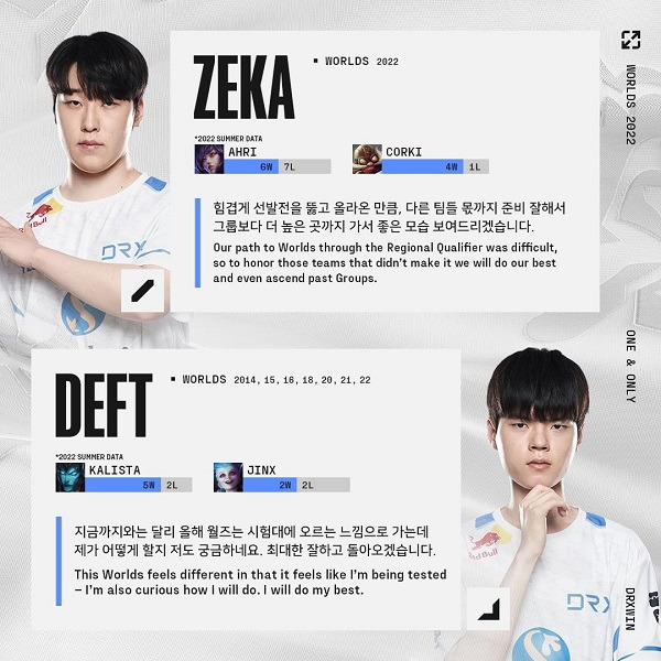 DRX와 매드 라이온스가 본선 직행을 두고 단판 승부를 벌인다. 사진은 LCK 공식 인스타그램에 올라온 김건우(제카·왼쪽)와 김혁규(데프트)의 대회에 임하는 각오가 담긴 포스터. /사진=LCK 공식 인스타그램