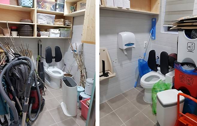 BF 인증을 받은 국내 한 시설물이 장애인용 화장실을 창고로 쓰고 있다. [인재근 의원실 제공]