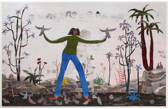 Tom Hawse, An Exquisite Journey Through The Whispering Emptiness Of Forgotten Memories And Pottering Pigeons, 2022, 350 x 220cm, acrylic on canvas [사진=두아르트 스퀘이라]