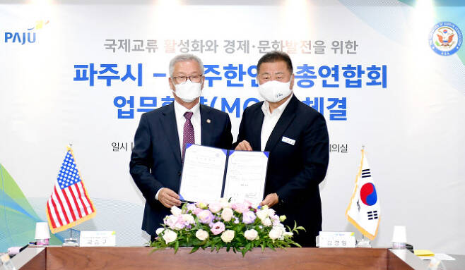 김경일 시장(오른쪽)과 국승구 회장이 협약서를 들고 기념촬영을 하고 있다.(사진=파주시 제공)