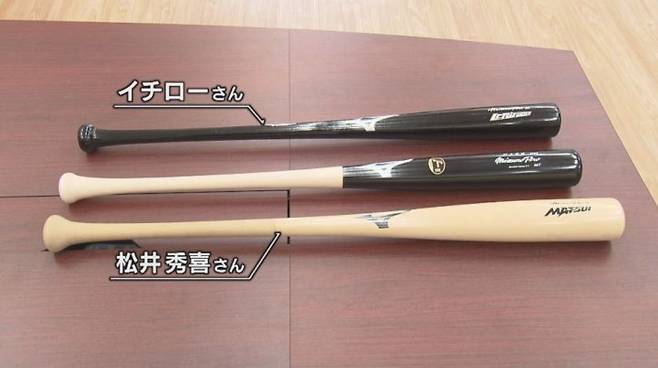 맨 위부터 순서대로 이치로-무라카미-마쓰이의 방망이. 무라카미는 홈런타자지만 방망이 크기는 장거리 타자인 마쓰이보다 교타자인 이치로의 방망이와 더 닮았다. 도카이TV 캡처