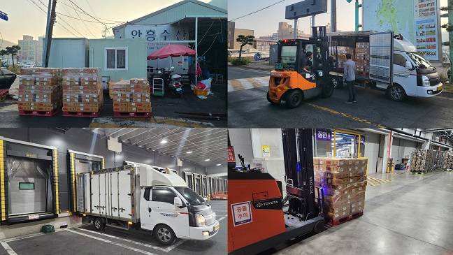 포장작업이 끝난 꽃게는 곧바로 냉장차에 실려 물류센터로 이동한다. /사진=김아름 기자 armijjang@