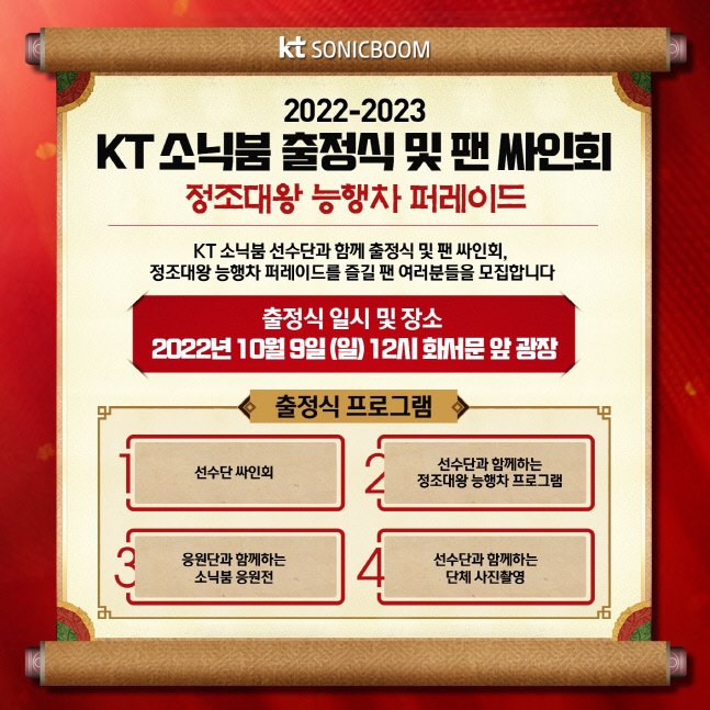 수원 KT가 2022~2023시즌 출정식을 팬들과 함께 한다. 사진제공 | 수원 KT 소닉붐