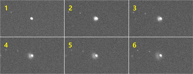 한국천문연구원이 이스라엘 미츠페라몬 WISE 천문대에 설치한 망원경으로 촬영한 소행성 충돌 장면. 1번이 소행성 충돌 직전 장면이며 6번이 가장 나중에 촬영된 사진. 1에서 6으로 갈수록 소행성 주변에 먼지가 일어나는 것이 보인다. /한국천문연구원