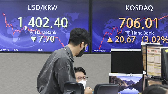 한국은행에 따르면 지난해 2분기 21.6%로 역대 최대 수준에 이르렀던 가계 금융자산 내 주식·투자펀드의 비중은 올해 2분기 18.5%까지 떨어졌다. 6일 오후 서울 중구 하나은행 딜링룸 전광판에 코스피 지수 등이 표시되고 있다.