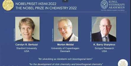 2022년 노벨화학상 수상자. 왼쪽부터 캐롤린 R. 버토지, 모르텐 멜달, K.배리 샤플리스.