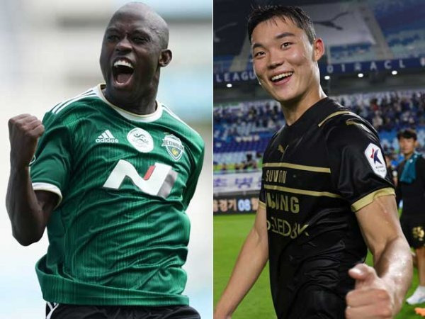 전북 바로우(왼쪽), 수원 오현규. 사진제공 | 한국프로축구연맹