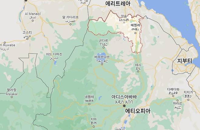 에티오피아 북부 티그라이 지역(붉은선) [구글 지도 캡처. 재판매 및 DB 금지]