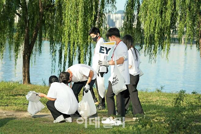 EY한영 신입 회계사들이 여의도 한강공원에서 쓰레기를 줍는 플로깅 활동을 하고 있다. (사진=EY한영)