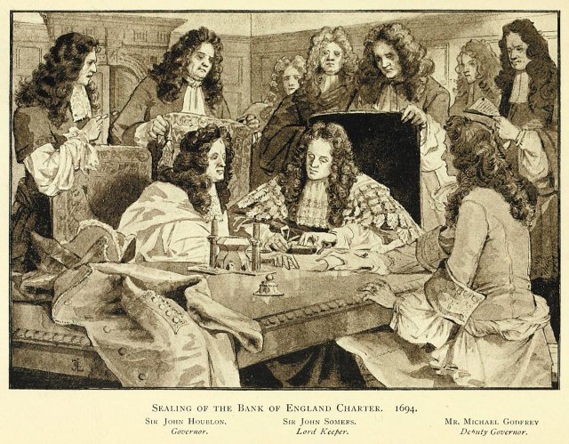 영국의 빌럼 3세(가운데)가 1694년 영국중앙은행 설립을 승인하는 장면을 그린 레이디 제인 린지의 삽화(1905년 작). 사진 출처 위키피디아