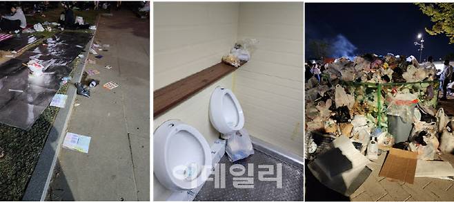 8일 ‘서울세계 불꽃축제’가 끝난 서울 한강시민공원에 남은 쓰레기들(사진=황병서 기자)
