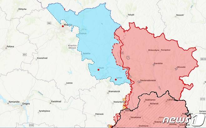 7일(현지시간) 기준 우크라이나 동부 전선. 개전 이래 러시아 점령지(빨간색)과 우크라이나 탈환지(파란색). 파란색 내 표시된 빨간점은 맨위부터 하르키우주, 이지움, 리만 지역. (미국 전쟁연구소 화면 갈무리)