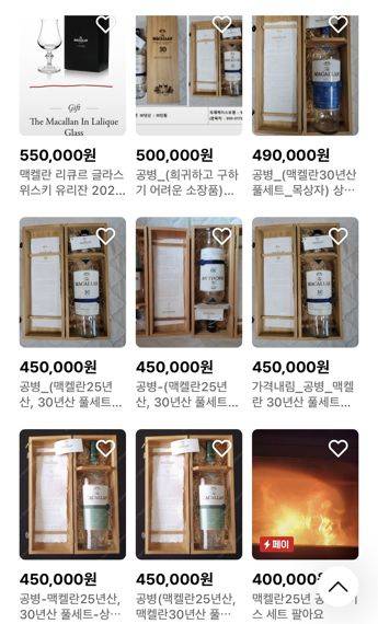 온라인 중고거래 플랫폼에서 판매되는 맬켈란 공병 가격