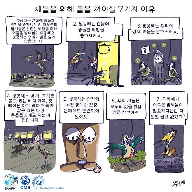 새들을 위해 불을 꺼야할 7가지 이유. ‘동아시아·대양주철새이동경로파트너십(EAAFP)’ 제공.