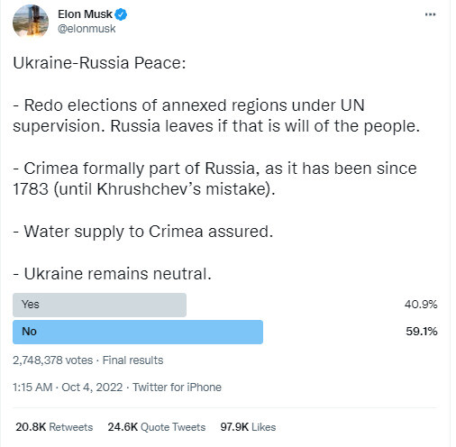 일론 머스크 테슬라 최고경영자가 트위터를 통해 공개한 우크라이나-러시아 평화안. 반대 의견이 더 많음을 확인할 수 있다. 트위터 갈무리.