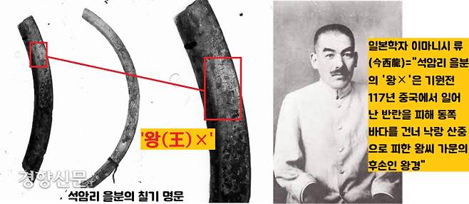 1909년 평양 석암리 을분을 발굴한 일본학자 이마니시 류(今西龍)는 이곳에서 출토된 ‘왕(王)×’명 칠기를 중국인 망명객인 ‘낙랑 왕씨’ 가문과 연결지었다.  이마니시 류는 <후한서> ‘왕경전’을 인용하여 “기원전 177년 중국에서 일어난 난을 피해 한반도로 넘어온 왕씨 가문의 후예인 왕경이 석암리 을묘에 등장하는 ‘王×’이라고 본 것이다. 이때부터 평양 일대는 한사군의 하나인 낙랑군의 치소로 각광을 받게 된다. 조선총독부가 평양 일대의 발굴에 혈안이 된 계기가 됐다.|정인성 영남대 교수 설명