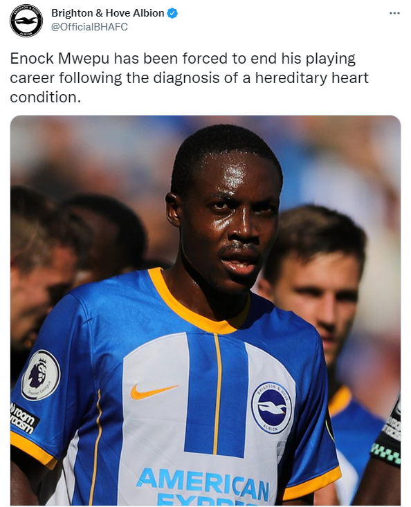 10일 브라이튼 MF 에녹 음웨푸가 심장 질환으로 은퇴를 결정했다. 사진|브라이튼 앤 호브 알비온 공식 SNS