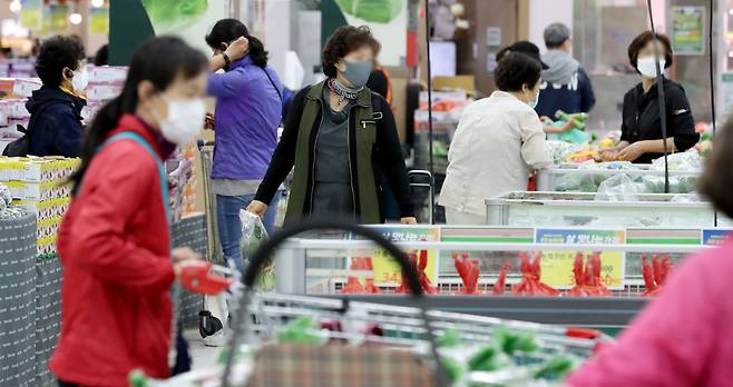 지난 5일 서울 도봉구 하나로마트 창동점을 찾은 시민들이 농산물을 구매하고 있다. /뉴스1