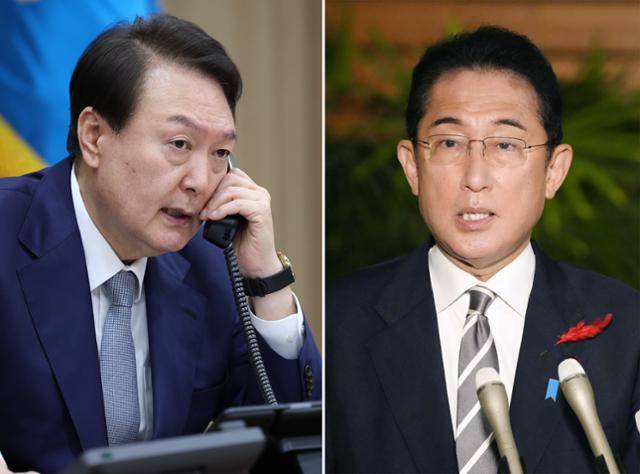 윤석열 대통령이 6일 서울 용산 대통령실에서 기시다 후미오 일본 총리와 통화하고 있다. 오른쪽은 기시다 총리가 윤 대통령과 통화 후 관저에서 기자들의 질문에 답하는 모습. 연합뉴스