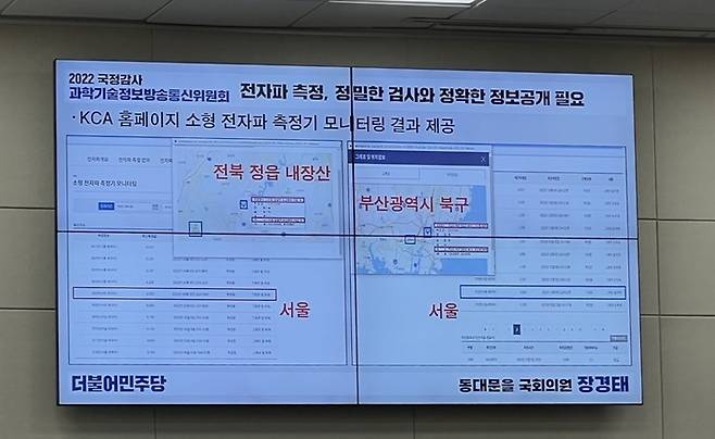 [서울=뉴시스] 장경태 더불어민주당 의원은 KCA의 ‘소형 전자파 측정기 모니터링’과 관련해 표기된 주소와 제공된 지도가 다르다고 지적했다. 2022.10.11 *재판매 및 DB 금지