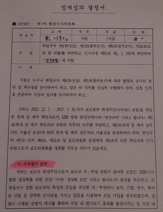 KBS 전직 고위 간부에 대한 징계심의서. '직장 질서' 문란이 핵심 이유로 적혀 있다. KBS노동조합 제공