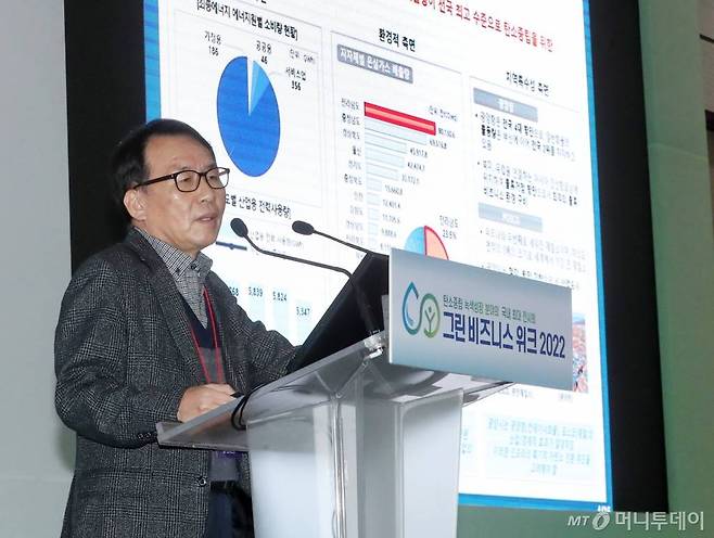 신오희 광양시 에너지관리팀장이 13일 서울 강남구 코엑스에서 열린 국회수소경제포럼이 주최하고 머니투데이와 코엑스(COEX)가 공동 주관하는 '그린비즈니스위크 2022(GBW 2022)' 국토교통부-탄소중립을 선도하는 산·학·연 협력기반의 수소도시 발전방향 세션에서 신규 수소도시 추진계획에 대해 발표하고 있다. /사진=김휘선 기자 hwijpg@