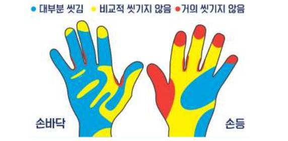 잘 씻기지 않는 손부위 |출처: 질병관리청