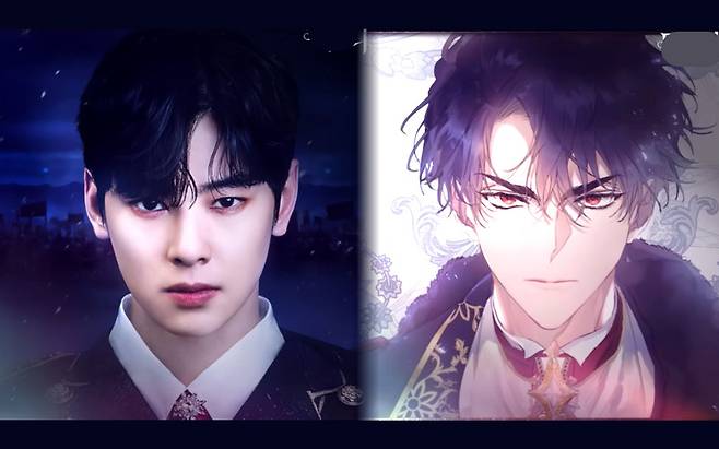 카카오엔터테인먼트의 웹툰 ‘악녀는 마리오네트’ 속 키드레이 공작을 연기한 배우 차은우(왼쪽). [유튜브 ‘카카오페이지’]