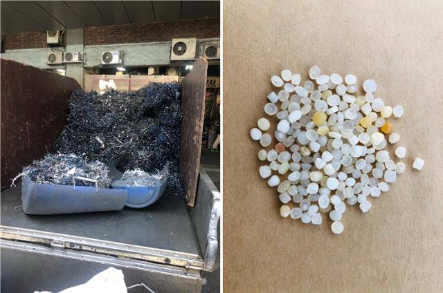 청계천변 공장에서 발생한 철스크랩(왼쪽). 철스크랩은 산업분류법상 폐기물이라 처리업체는 유수분리시설과 소음방지시설 등을 설치해야 한다. 오른쪽은 플라스틱 PET 조각을 녹여 길게 늘인 후 잘라 만든 펠릿. 소준철·한국일보자료사진