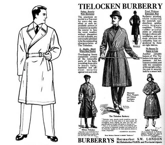 타이로켄 코트 자료 이미지(왼쪽), 20세기 버버리 타이로켄 광고(오른쪽).[패션전문자료사전] [버버리]