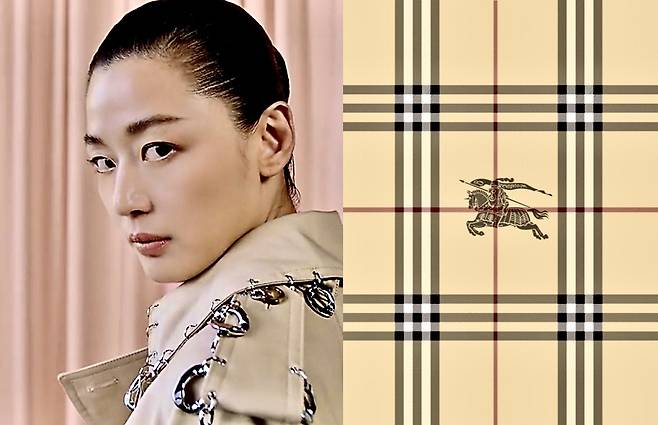 버버리(Burberry)의 새로운 앰버서더 전지현(왼쪽). 버버리 타탄체크(오른쪽).[버버리 홈페이지]