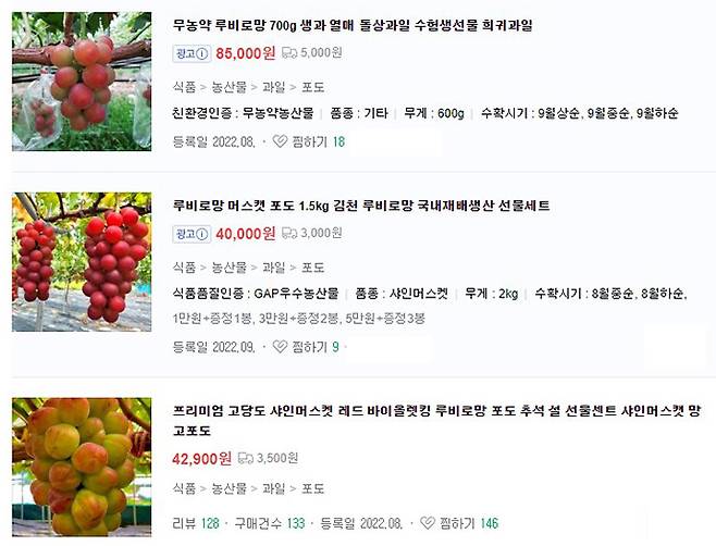 품종 육성권자인 일본 이시카와현이 최근 한국 특허청에 ‘루비로망’ 상표등록을 출원한 것으로 알려졌다. 상표등록이 인정되면 ‘루비로망’ 명칭을 사용한 국산 포도의 판매가 어려워질 것으로 전망된다. 사진은 포털사이트 쇼핑채널의 ‘루비로망’ 판매화면 캡처.