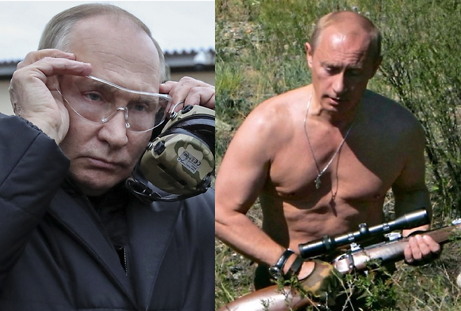 징집병 훈련소를 방문한 푸틴 대통령(왼), 상의를 벗고 총을 든 채 '강인한 남성' 이미지를 과시하는 푸틴 대통령(오) / EPA = 연합뉴스