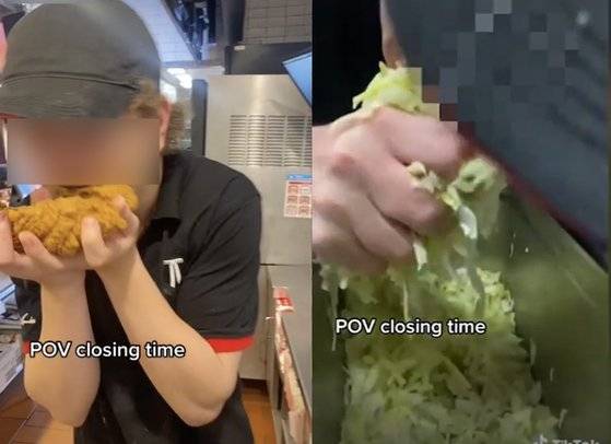 호주 KFC에서 근무하는 직원들이 치킨을 혀로 핥거나 깨무는 장면을 담은 동영상이 SNS(사회관계망서비스)에서 공개돼 논란이다. 틱톡 캡처