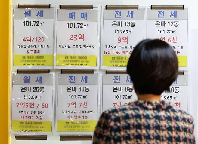 부동산 가격이 급락하는 상황에서 매수를 희망하는 사람들은 매수 타이밍 보다는 매수 가격에 대한 전략을 잘 세워야 한다고 전문가들은 조언한다. 사진은 지난 10월 20일 서울 은마아파트 단지 앞 부동산 중개업소에서 시민이 매물과 전월세 정보를 살피고 있는 모습./ 연합뉴스