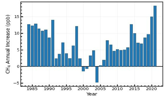 1983년부터 2021년까지 전 지구 연간 메탄 증가율. WMO