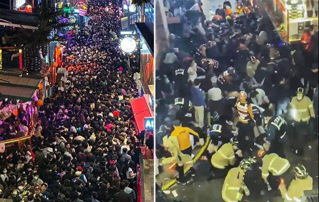 29일 밤 서울 용산구 이태원에서 압사 사고가 발생했다. 이날 사고 발생 직전 이태원 일대는 핼러윈 축제를 즐기려는 10만여 명의 인파가 몰렸다(왼쪽 사진). 압사 사고 직후 119 구조대원과 경찰, 시민들이 심폐소생술 등 응급 구조활동을 하고 있다. SNS 캡처 뉴스1·독자제공 연합뉴스