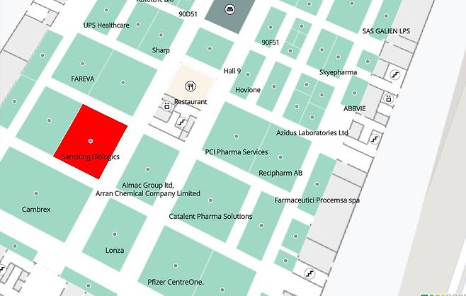CPHI 전시장 단독부스 위치. 삼성바이오로직스가 론자, 캐털란트 등 글로벌 CDMO(위탁개발생산)기업들이 있는 메인홀에 단독부스를 잡았다. /캡처