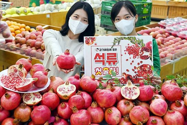 30일, 서울시 서초구에 위치한 농협 하나로마트 양재점에서 모델들이 환절기 감기예방에 좋은 첫 출하된 ‘석류’를 소개하고 있다.