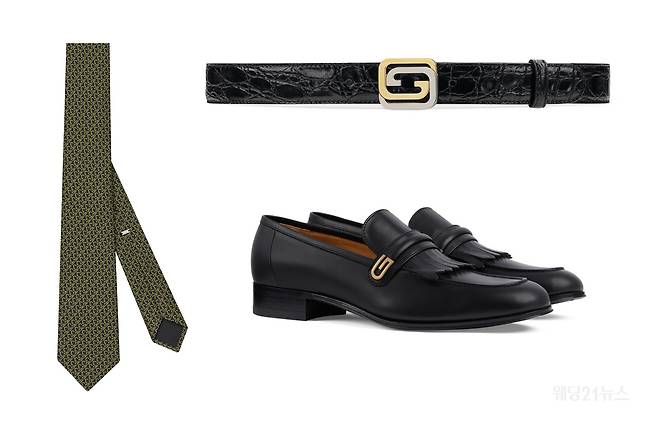 넥타이 : 정갈한 라인에 색감이 돋보이는 넥타이. 디올, 벨트 : 적당한 크기의 로고가 예복에 포인트를 줄 벨트. 구찌, 슈즈 : 로퍼 스타일의 단정한 남성 웨딩 슈즈. 구찌