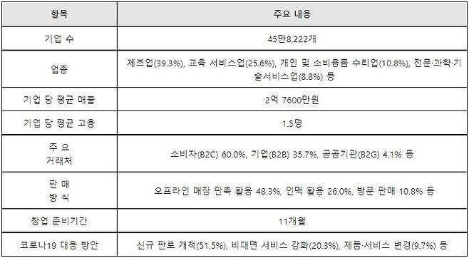 2021년 기준 국내 1인 창조기업 실태 조사, 출처: 중소벤처기업부