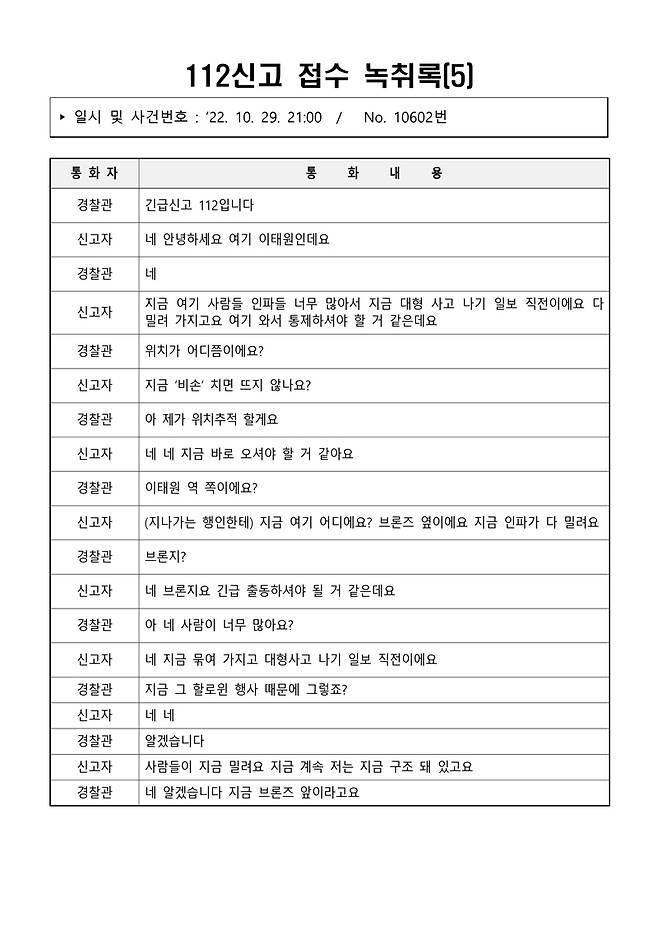 ▲ 이태원 참사 당일(10월29일) 112신고 접수 녹취록 05