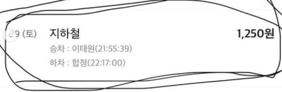 A씨가 공개한 지난달 29일 교통카드 이용 내역. 사고 최고 신고 시각은 오후 10시15분인데, A씨는 오후 9시55분 이태원역을 떠났다. A씨 SNS 캡처